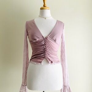 Urban Outfitters Pink Ruched Lace Sleeve Blouse